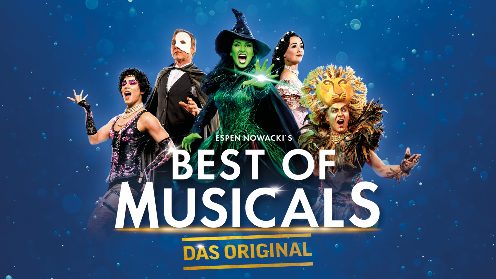Fünf Musicaldarsteller*innen in Kostümen aus bekannten Musicals wie Der König der Löwen, Phantom der Oper und Mamma Mia! vor blauem Hintergrund. Schriftzug: „Espen Nowacki’s Best of Musicals – Das Original“.